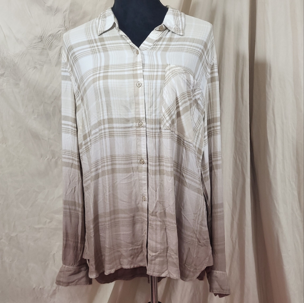 St. John's Bay khaki ombre long sleeve button down plaid shirt